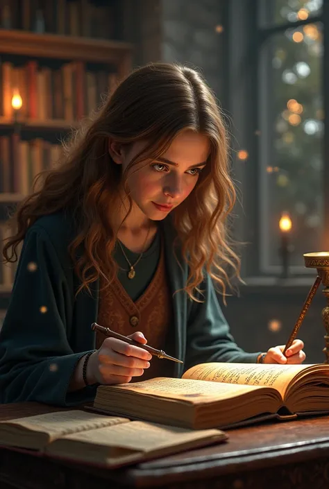 Hermione stands at a table in the Hogwarts library with a big book in front of her and her magic wand ready in her hand. Surrounding her are floating books and magical lights .