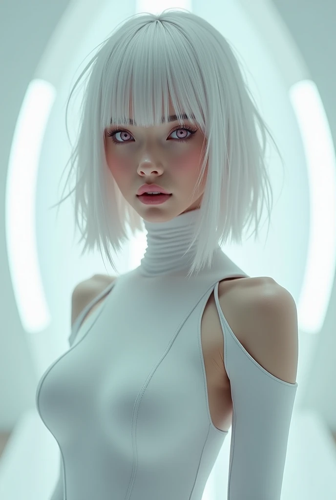 attractive woman, with straight white hair, with messy bangs,  long hair , Wearing a white futuristic suit. fantasy type. Pale pink eyes .