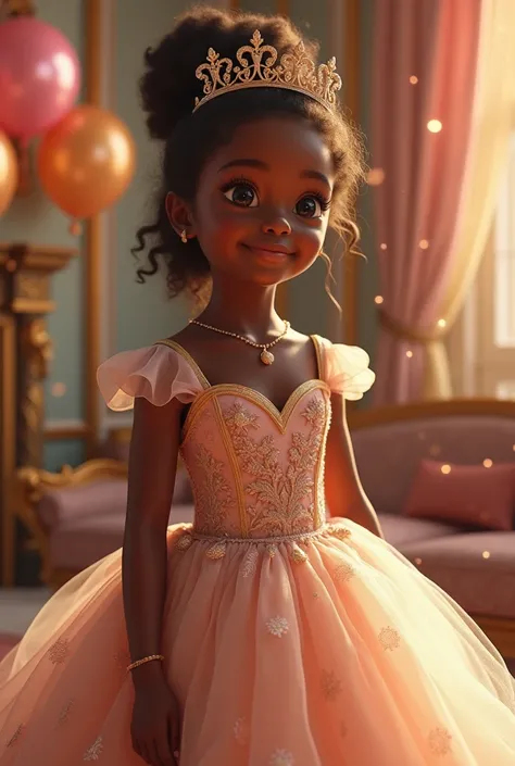 A beautiful detailed black girl with a lovely simple crown, wearing a beautiful princess style dress, in a decorated room with balloons for her birthday party, high quality 4k, photorealistic, elegant, magical, cinematic lighting, warm color tones, detaile...