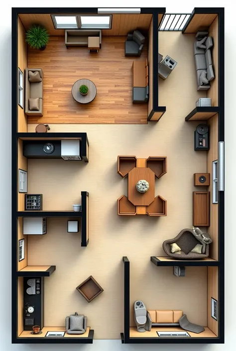 create a floor plan on the Ground Floor (first floor)

Main Recording Area (Live Room): 80 m² , height of 5m, volume of 400m³. Equipped with wooden panels and RPG diffusers BAD Arc, includes small refrigerator for water and snacks.

Control room:  40 m² , ...