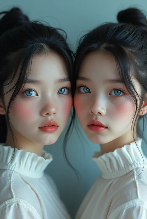 Make an ultra realistic image of twin ren with blue eyes 