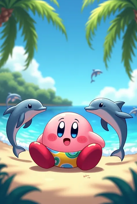 Kirby in a bikini on the beach, With dolphins 