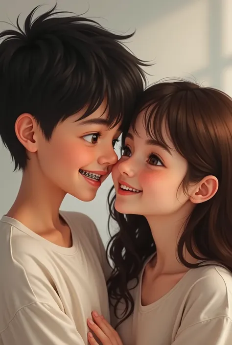 A little chubby black-haired boy with half-brown braces with his brown-haired white girlfriend with realistic lenses
