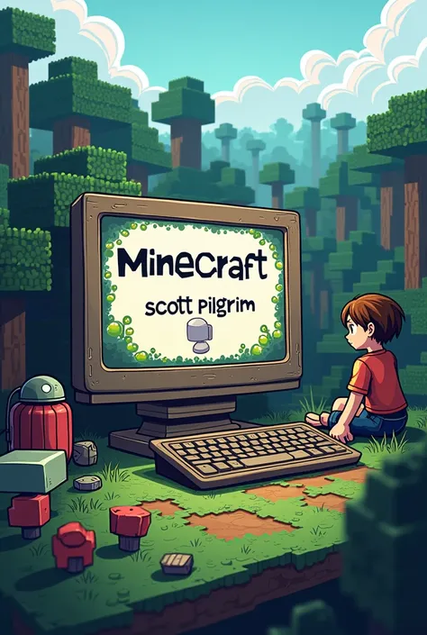  on a desktop computer it is written ( On the monitor screen ) no jogo minecraft Scott Pilgrim