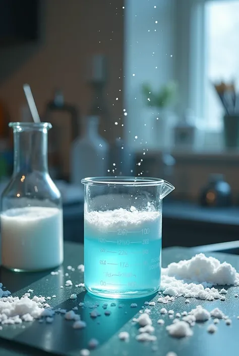 
 Prepare a solution of 12 g of sodium chloride  ( table salt )  with 50 ml of water and pour into a 500 ml beaker of precipitate.

Pour the cooled mixture of base and grease into the NaCl salt solution.

