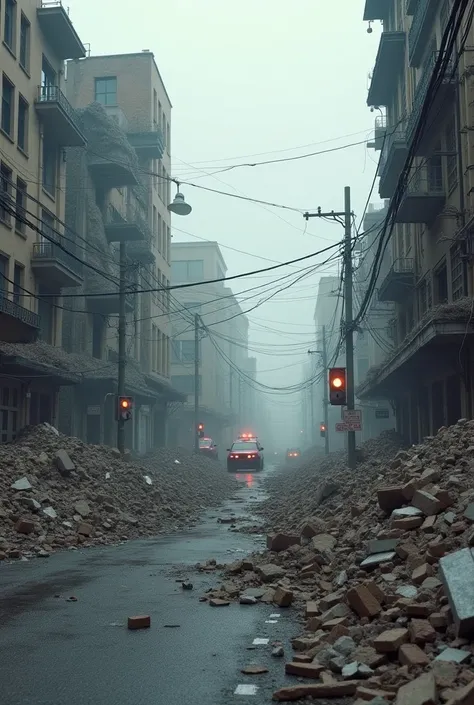 Generate 
Create an ultra-realistic scene of a city devastated by a powerful earthquake. Show collapsed buildings, large cracks running through streets and sidewalks, and heaps of rubble where once stood structures. The ground should appear uneven, with se...