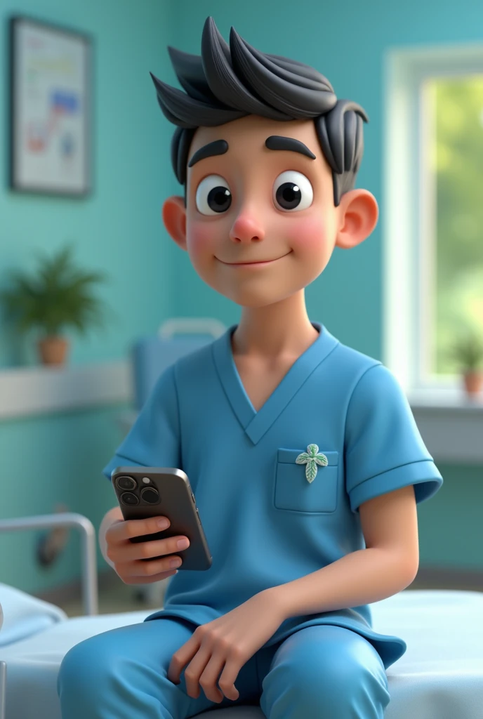  Cartoon character of a 35-year-old man wearing blue surgical pajamas in a hospital environment,  with iPhone 15 in hand ,an animated character, Stylized character,  short black ring , black eyes,  animation style rendering , 3D stylized, Stylized 3D rende...