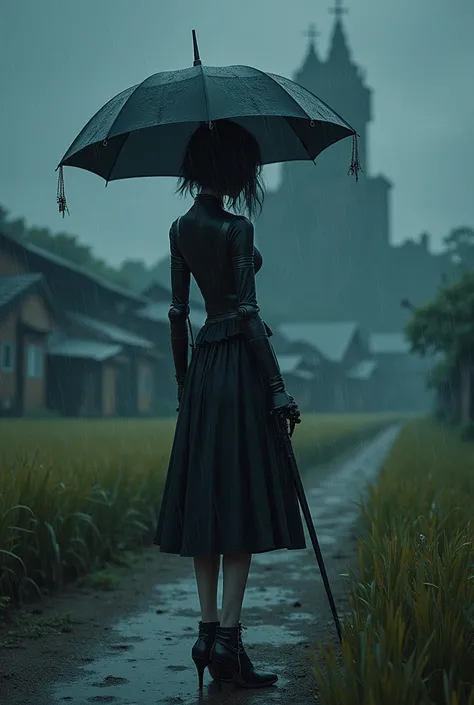 An illustrated poster of the film, beautiful robot girl, robot body, wearing a short goth black dress, holding an umbrella, night, heavy rain, half profile, looking at viewer over shoulder, rice field, dirt road, old village, old castle