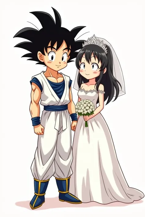 Manga drawing, by Goku and Milk from the anime Dragon Ball,  getting married, Both dressed in white,  smiling and looking straight ahead
