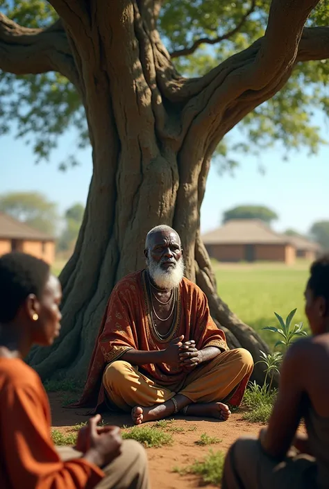 An old dark skin man sited under a tree facing the camera narrating a story to the people sitted round him, realistic image 