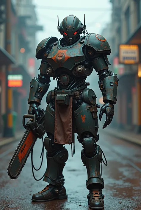 Dark_Fantasy,Cyberpunk,(chain saw,chain saw man,Red:1.1),1man,Mechanical marvel,Robotic presence,Cybernetic guardian, wearing a worn-out mech suit, intricate, (steel metal [rusty]), elegant, clear focus, shot by greg rutkowski, soft lighting, vibrant color...