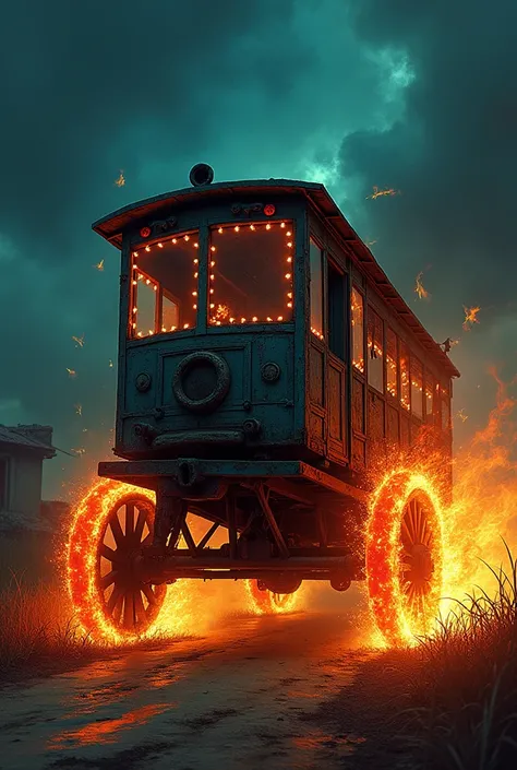 Create an image about the legend of the devils cart in Loja, in a black cart from the 1985 decade, but less modern, it has too many colored lights and its rims make flames fire that is animated/animated as a sketch, such as using temperas, but more animate...