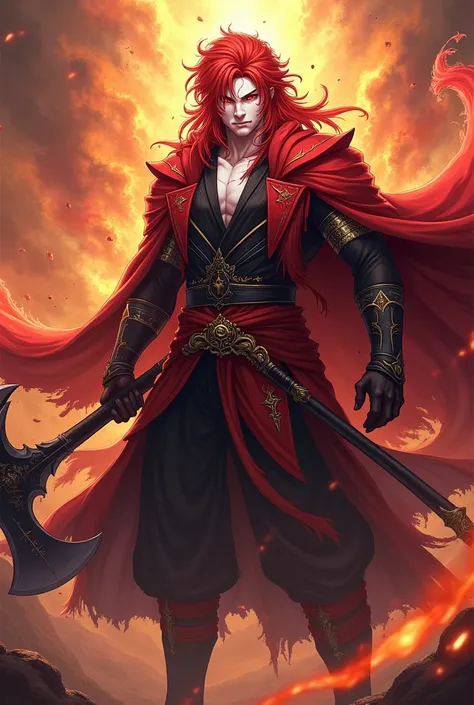 fantasy god ,  mens, red hair,  white skin and red eyes ,  represents destruction and he expresses it through fire , war and violence ,   but his concept is destruction ,  his clothing is red and black and his weapon is a war axe.  anime style.