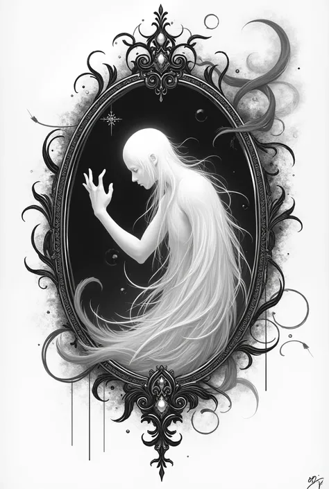 Create an image of a soul looking in the mirror black and white tattoo style