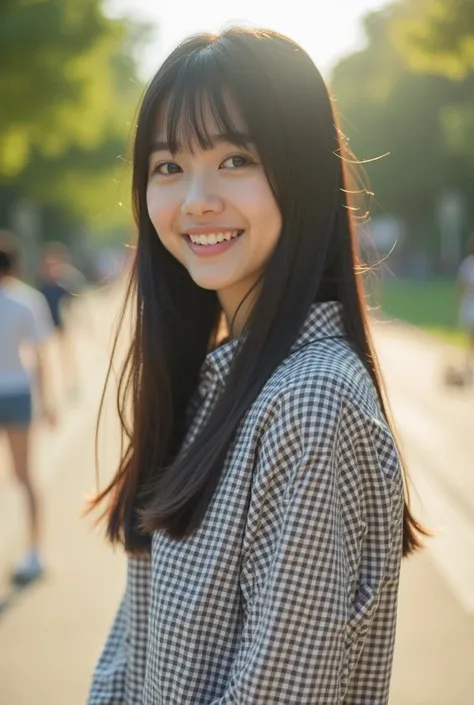 Japanese　Japanese 25 years old　    she doesnt wear makeup   、that&#39;  transparent  、Smiling in casual clothes、 white skin、  black hair straight、 semi-long　  damaged jeans shorts 　 standing　 Wearing a check shirt  　  she wears white sneakers , Bright sunl...