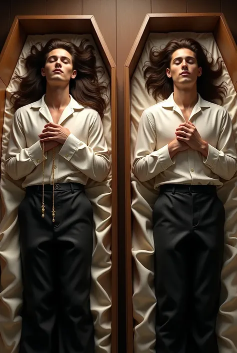 (photorealism:1.2) two dead beautiful young clean shaven men eyes closed mouth closed barefoot very very  long hair over sholders hands folded on chest holding gold rosary lying in satin coffins side by side dressed in satin long flowing black pants satin ...