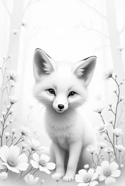 Beautiful baby fox painted completely white with a defined outline and fine lines and beautiful and abundant flowers, very defined and detailed, drawn in pencil, with a defined and very marked outline and fine line, all painted white, a beautiful and lush ...