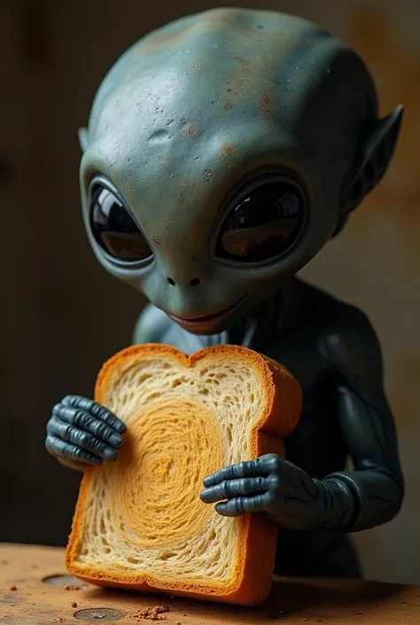 A black-rumped alien eating a loaf of bread