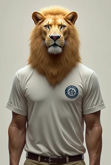 I want a lions head on the body of a man wearing a white shirt with a circular logo that says ASC