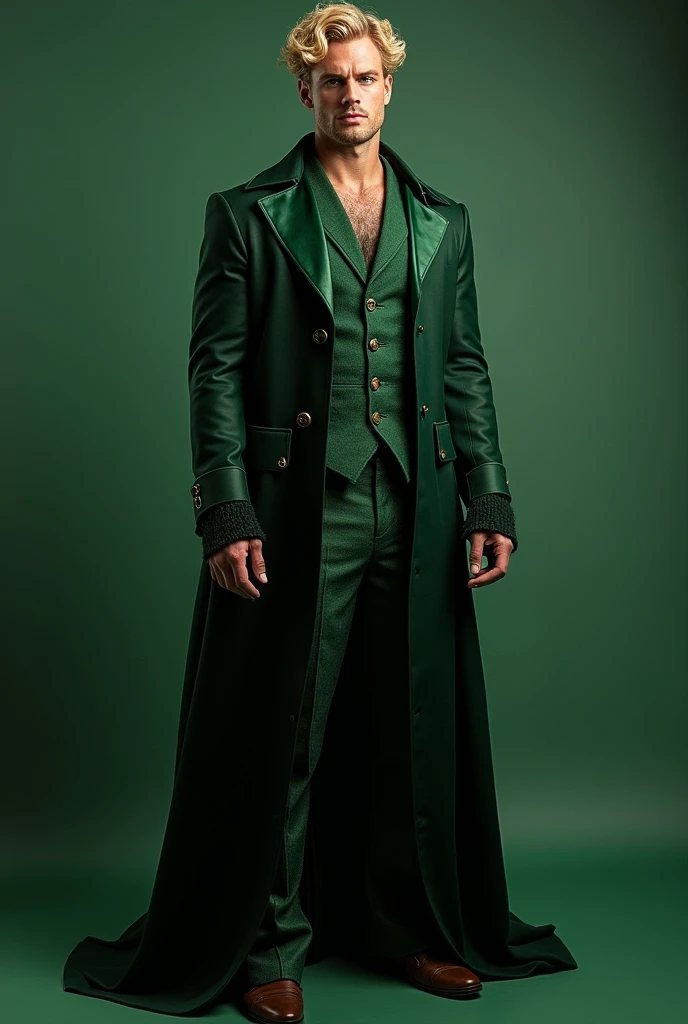 Hogwarts wizard , from the Slytherin house,  from the most prestigious and powerful family in the wizarding world,  athletic body with defined muscles ,  curled short blond hair ,  dark green eyes, height of 1. 96 meters tall  