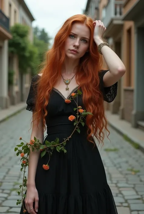 Persephone. beautiful 29 year old woman, Adult with extremely long red haired wavy loose when down her back , gray eyes, pink lips, Delicate features fes  , with very pronounced big breasts and with very large hips ,  wearing an old black dress and rotated...