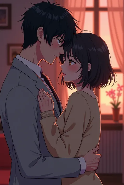  A black-haired woman with short ,  light brown eyes wearing a beige sweater ,  being embraced from behind by a black-haired vampire of the same color, wearing a gray pleize . anime version 