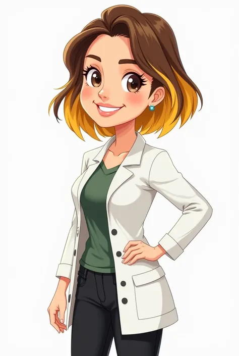 I need a cartoon of a woman with short shoulder-length hair, loose hair., yellow with brown stripes. con sonrisa bonita,  dressed in black pants and a white coat , She is a teacher