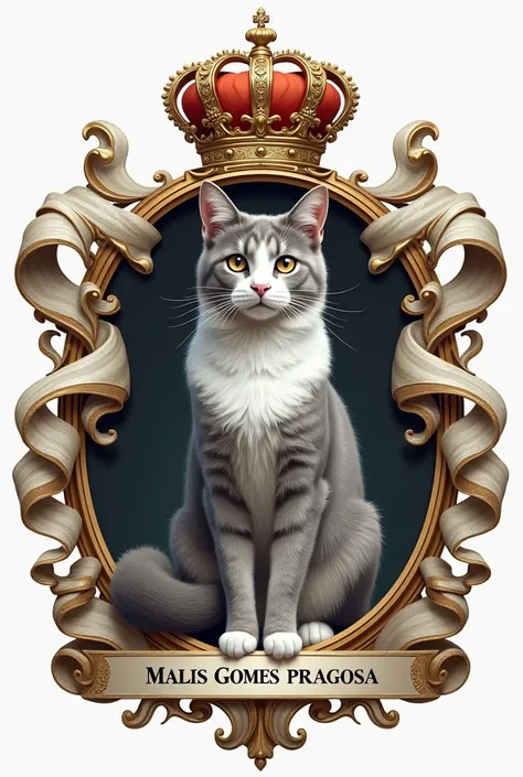 A royal coat of arms for the Gomes Pragosa family including a gray and white cat