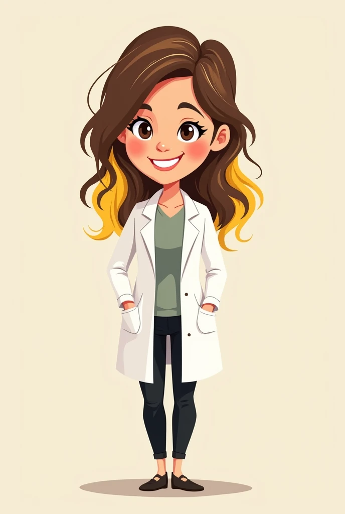 I need a cartoon of a woman with shoulder-length hair, loose hair., brown with yellow stripes with pretty smile,  dressed in black pants and a white coat , She is a teacher