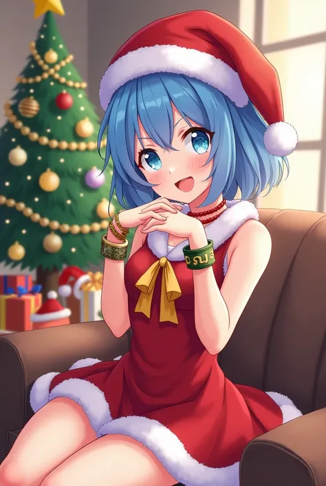 anime,  womens short blue hair , blue eyes, many bracelets , earrings, Christmas dress , Santa Claus hat .  Christmas tree,  living room, glasses.