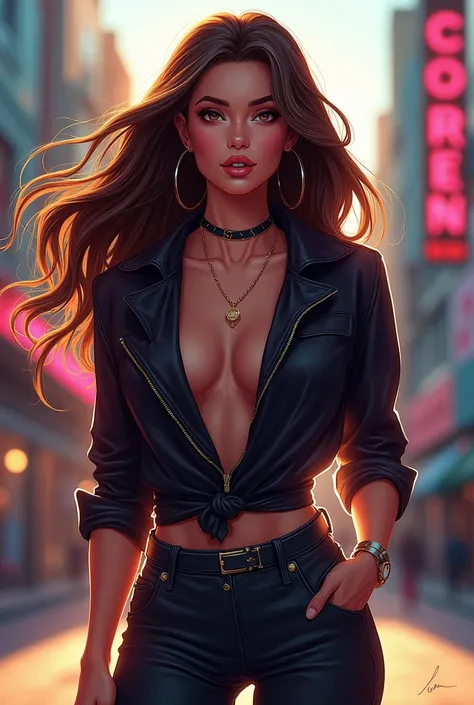 Create a digital illustration of a confident, stylish woman with long flowing hair, wearing a trendy outfit. She should have striking features and a charismatic smile, standing in an urban setting with vibrant colors and dynamic lighting."