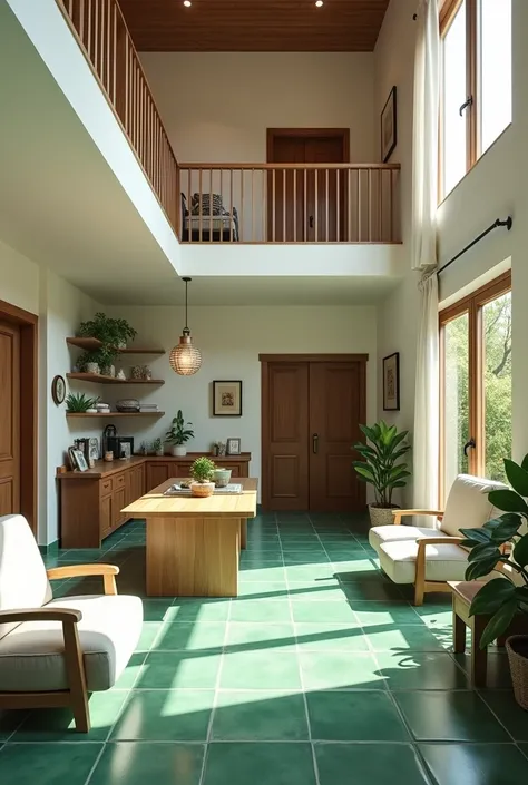  two-level house inside, green tiled floor 