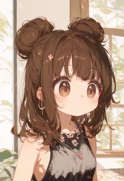 1girl, solo, upper body, short stature, medium breasts, long hair, low messy bun, dark brown hair, wavy strands, cute pastel hairpin, warm brown eyes, light tan skin, off-shoulder top, white color, loose fit, floral patterns, delicate necklace, small hoop ...