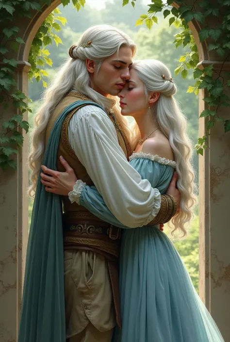 A white-haired woman in a light blue dress from the medieval era embracing her long white-haired son of 