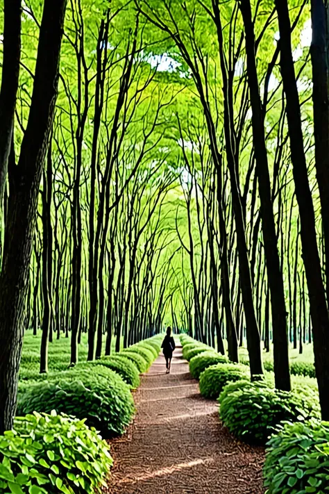 : A path in the middle of trees ,  with a person walking in front