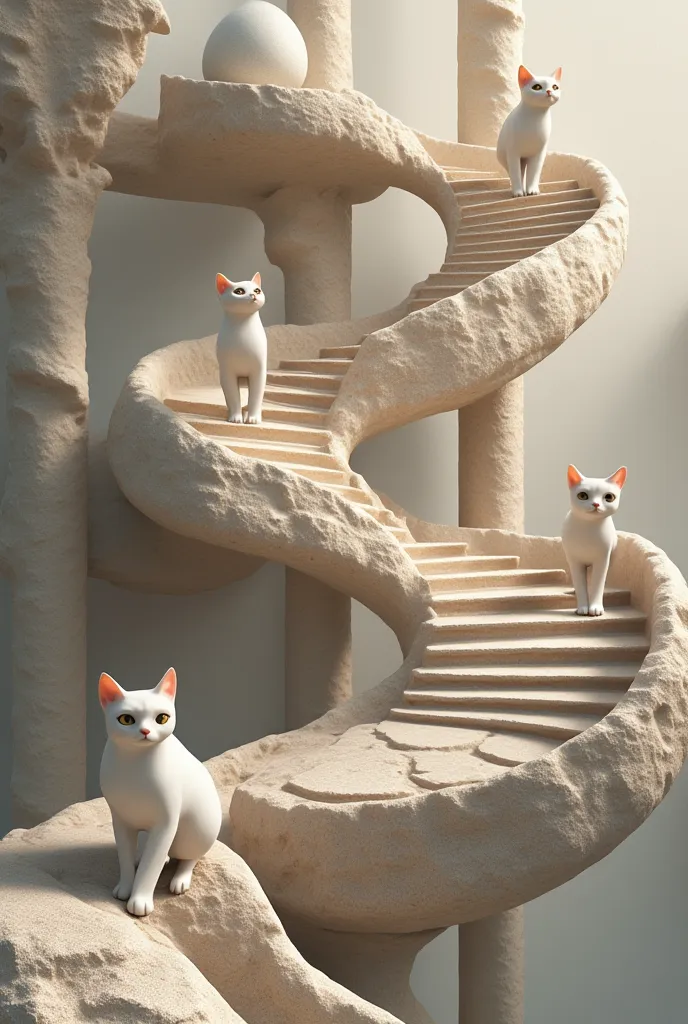 Penrose stairs made of very realistic stone, with cute cats happily walking on them, simple background