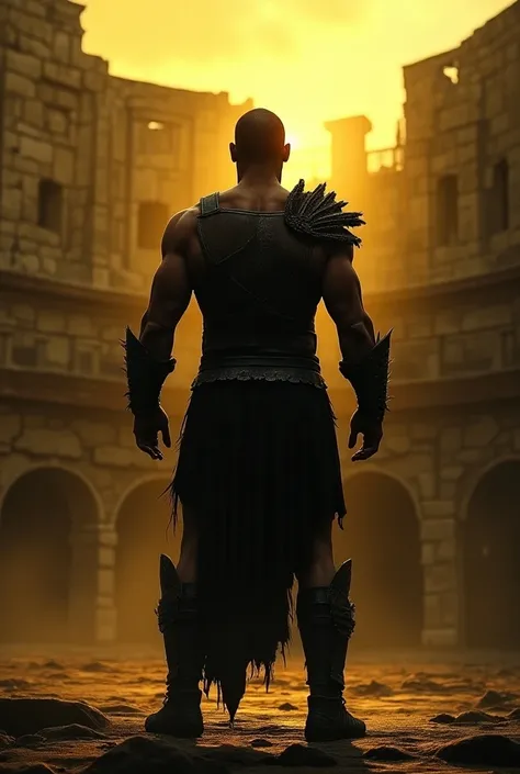 A strong gladiator standing ( view fro the back) by a amphitheater| depicted in the style of dark romanticism | glowing hues of yellow and black | dark | enigmatic and eerie atmosphere.