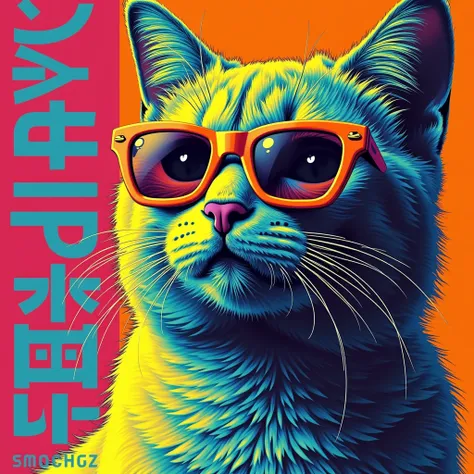  orange FLUORESCENT ACRYLIC INK , yellow, green, rosa,  Andy Warhol-style art , tokyo japan, oculos memes de varias fluorescent colors,  inside the newsstand , Sebo ,  with thousands of magazine covers featuring punks cats with printed pixel glasses,mockin...