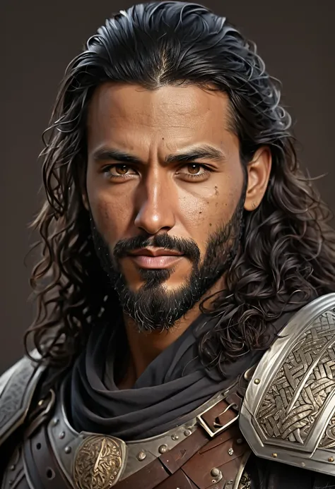 a portrait of a handsome 34 year old middle eastern man with brown eyes, long curly black hair, a long beard, rough features, character portrait by senior character artist, Artstation, fantasy art, stunning character art, fantasy concept art portrait, epic...