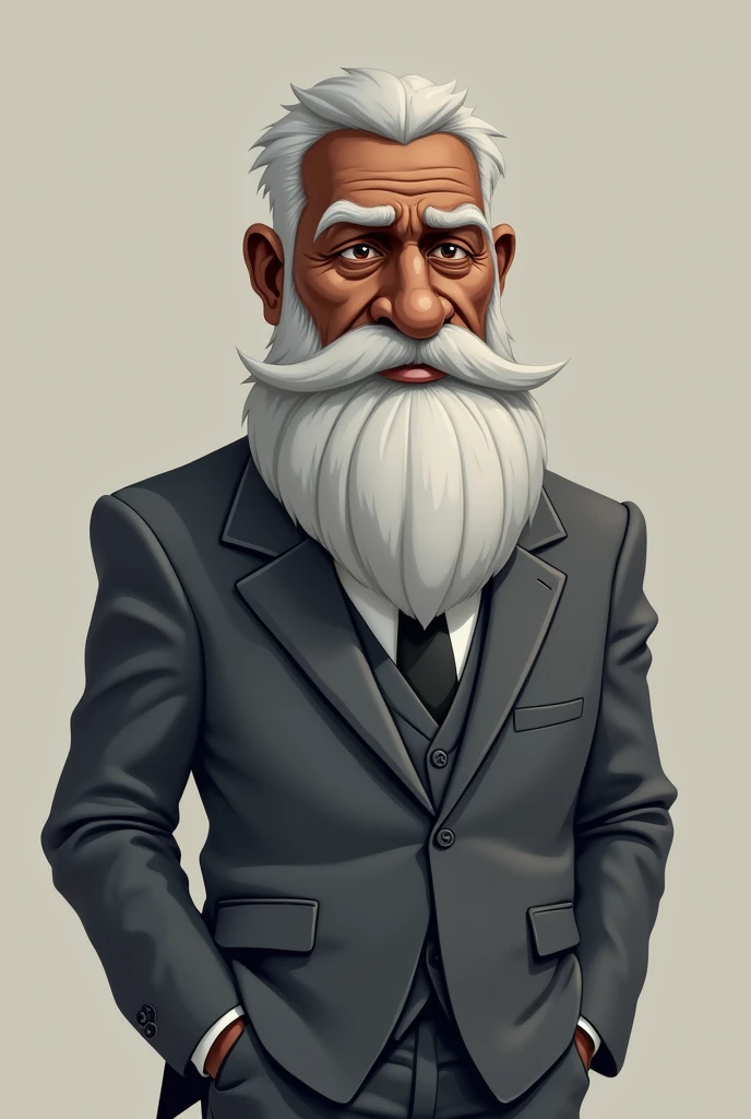 A black cartoon man in a grey-bearded suit 