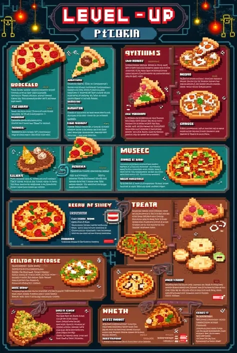  A menu for a restaurant called Level-Up pizzeria, of video-game-themed pizzas .
