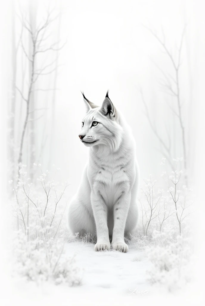 Beautiful realistic white-painted lynx drawn in pencil with the defined and thin outline painted all white ,  in the background a beautiful and lush forest painted all white with the entire outline very defined with fine lines painted white. realistic 