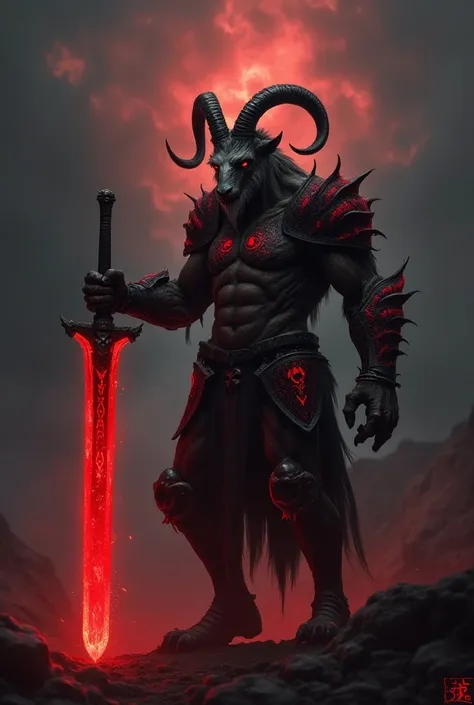 A human with features of a goat in black and red skull armor and a glowing red two-handed sword with skull grip 
