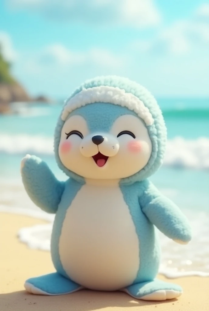 A minor seal wearing a light blue penguin costume, smiling, at the beach, fluffy, plush