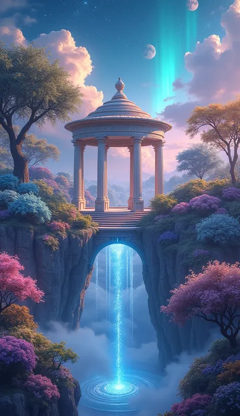 **"Celestial Garden in the Sky"**
"In a mystical floating island suspended high above the clouds, a celestial garden flourishes with vibrant, ethereal flowers that glow in shades of blue, purple, and gold. The garden is interspersed with crystalline founta...