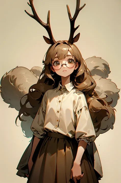 Character: A charming young anthropomorphic bunny with small antlers resembling those of an elk. She has a gentle and friendly appearance, with soft fur in a warm beige tone. Her face combines delicate rabbit features, like large, expressive eyes and tall ...