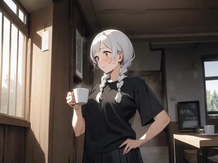 An 80-year-old grandmother ,  has white hair and braids .  has a black t-shirt and a black skirt . He is standing and carrying two cups of coffee in the living room of a house