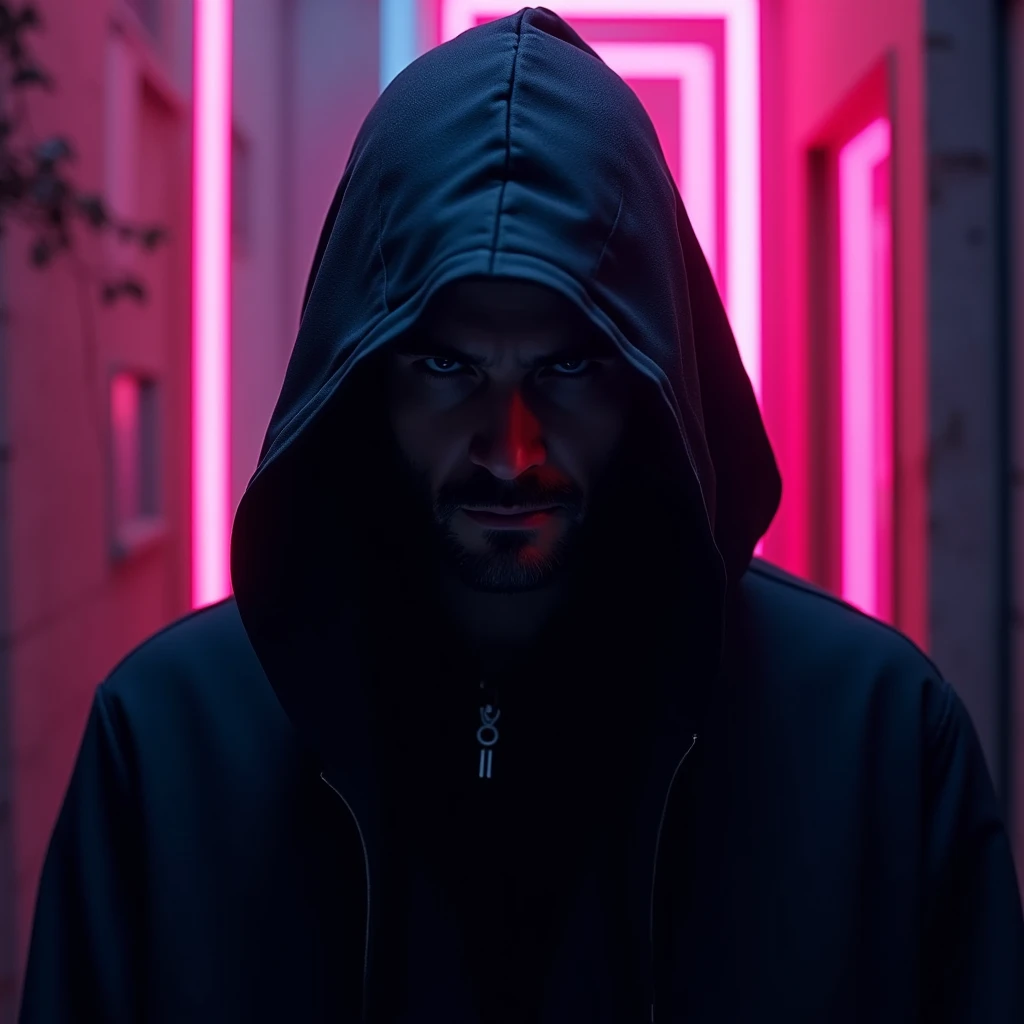  man looking at the camera hooded, With neon background  ,  you cant see the face 