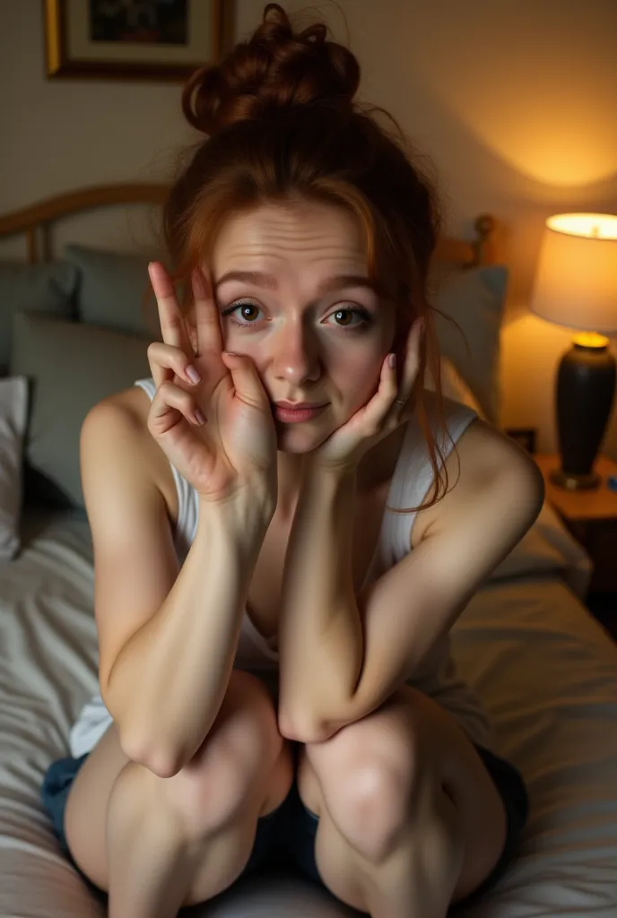 this is a photograph of a young woman taken indoors, likely in a bedroom. she is sitting on a bed or a floor, with her legs bent...