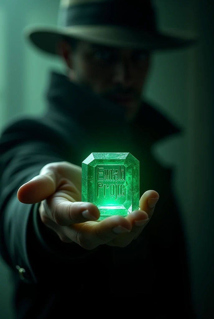  A detective whose face cannot be seen holding an emerald in her hand and extending it to the spectator and who puts the text around the emerald "Emerald Project "